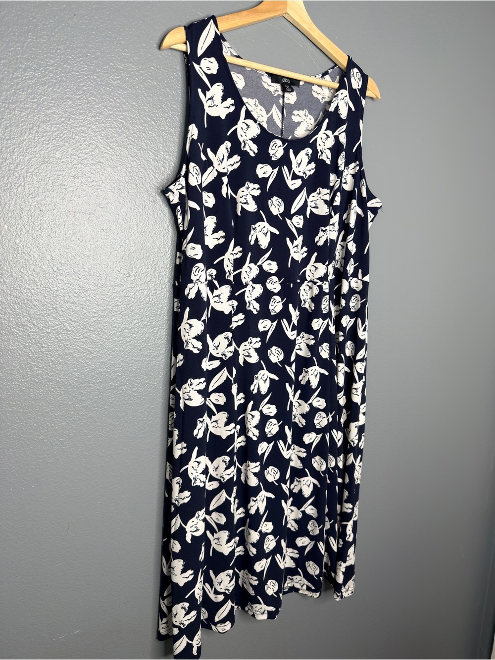 ellos Navy and White Floral Sleeveless Midi Dress 14/16